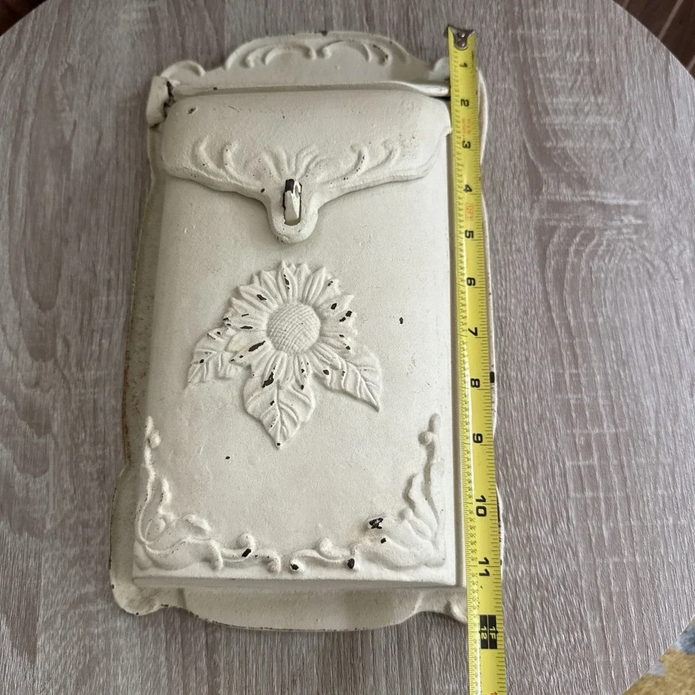 Vintage Cast Iron Wall Mount Mailbox Sunflower Embossed Cream Distressed Rustic